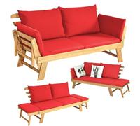 COSTWAY Canapé Lit de Jardin Convertible 2 Places en Bois d’Acacia avec Coussin, Canapé de Jardin 2 en 1 avec Accoudoir Réglable Charge 320KG, pour Patio Piscine Cour (Rouge)