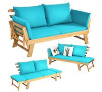 COSTWAY Canapé Lit de Jardin Convertible 2 Places en Bois d’Acacia avec Coussin, Canapé de Jardin 2 en 1 avec Accoudoir Réglable Charge 320KG, pour Patio Piscine Cour (Bleu)