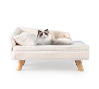 COSTWAY Canapé Lit pour Chien Chat Charge 30 kg, Oreiller et Coussin Amovibles, 4 Pieds en Bois, Panier pour Chien Chat Moyens & Petits, Dossier Haut, 71 x 43 x 40 cm, Beige