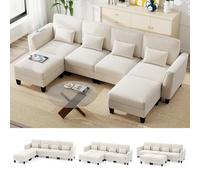 COSTWAY Canapé Modulaire 4 Places en Forme de L Confort Cloud, Canapé d'angle Convertible, Ports de USB & Type-C, Double Méridienne, 4 Coussins, 2 Ottomans, pour Salon, Chambre, Maison (Beige)
