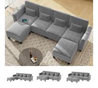 COSTWAY Canapé Modulaire 4 Places en Forme de L Confort Cloud, Canapé d'angle Convertible, Ports de USB & Type-C, Double Méridienne, 4 Coussins, 2 Ottomans, pour Salon, Chambre, Maison (Gris)