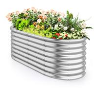 COSTWAY Carré Potager Ovale de 60 cm en Métal, Fond Ouvert, Plaque Pulvérisée, Bords Arrondis, pour Légumes Fleurs Herbes, Argent