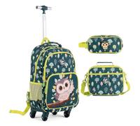 COSTWAY Cartable à Roulettes 3 Pcs avec Sac à Déjeuner Trousse (Hibou) | Sac à Dos à Roulettes pour Enfant 103 cm avec Poignée Télescopique Réglable, 4 Roues Flexibles, pour École Voyage Randonnée