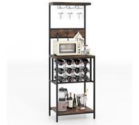 COSTWAY Casier à Vin, Casier à Bouteilles à 3 Niveaux pour 12 Bouteilles avec 3 Porte Verre, Étagère de Cuisine, Support de Micro-Ondes, Style Industrielle, 37 x 54 x 156 cm, Brun Vintage