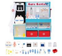 COSTWAY Centre Médical Enfant en Bois avec Film Radiographique, Moniteur ECG, Tableau de Vision, Cabinet Médical Jouet avec 29 Accessoires, Zone d'Examen, Stéthoscope, Toise, pour 3-6 Ans (Bleu)