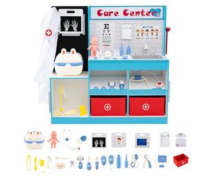 COSTWAY Centre Médical Enfant en Bois avec Film Radiographique, Moniteur ECG, Tableau de Vision, Cabinet Médical Jouet avec 29 Accessoires, Zone d'Examen, Stéthoscope, Toise, pour 3-6 Ans (Bleu)
