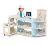 COSTWAY Centre Médical Enfant en Bois avec Machine CT Mobile, Tableau Optique, Films Radiographiques, Cabinet Médical Jouet avec Thermomètre, Stéthoscope, Tensiomètre, Étagère pour 3+ Ans (Bleu)