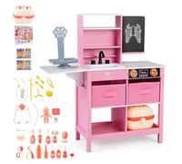 COSTWAY Centre Médical Enfant en Bois avec Tableau Noir & Balance, Cabinet Médical Jouet avec 2 Tiroirs & Étagère, Mallette Veterinaire & 22 Accessoires, Injections Perfusion pour 3-6 Ans (Rose)