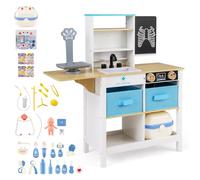 COSTWAY Centre Médical Enfant en Bois avec Tableau Noir & Balance, Cabinet Médical Jouet avec 2 Tiroirs & Étagère, Mallette Veterinaire & 22 Accessoires, Injections Perfusion pour 3-6 Ans (Bleu)