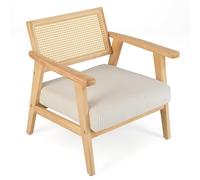 COSTWAY Chaise d'Appoint en Velours Côtelé, Chaise de Loisirs d'ntérieur avec Siège Rembourré et Dossier en Rotin, Fauteuil Rembourré en Bois d'Hévéa, pour Chambre, Salon, Bureau, Naturel