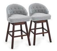 COSTWAY Chaise de Bar Pivotante Lot de 2, Tabouret de Bar Rembourré en Éponge, Pieds en Bois d'Hévéa, Chaise Haute Cuisine en Lin avec Repose-Pieds, Capitonné, Rivets, pour Ilot Central (Gris)