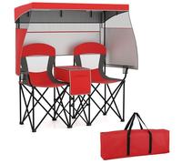 COSTWAY Chaise de Camping Extérieur Pliante 2 Places Baldaquin Réglable Ombres à 3 Côtés Porte-gobelets Sac de Transport Rouge