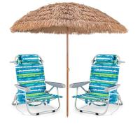 COSTWAY Chaise de Plage Pliable avec Parasol Paille PP Ø243cm, 5 Positions Réglable, Chaise Longue Jardin, Porte-Gobelet, Porte-Serviette, Poches, Appui-tête, Sangles, Charge 150kg (Vert,2)