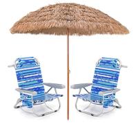 COSTWAY Chaise de Plage Pliable avec Parasol Paille PP Ø243cm, 5 Positions Réglable, Chaise Longue Jardin, Porte-Gobelet, Porte-Serviette, Poches, Appui-tête, Sangles, Charge 150kg (Rayures Bleues,2)
