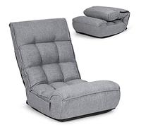 COSTWAY Chaise de Sol Pliante Réglable à 4 Positions, Chaise de Sol Rembourrée pour Jouer, avec Tête Réglable à 5 Positions et Poche Latérale, Café/Gris (Gris)