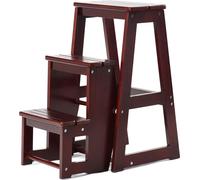 COSTWAY Chaise échelle Tabouret marchepied Escabeau domestique Escabeau tabouret, en bois massif, pliable, 3 marches Marron