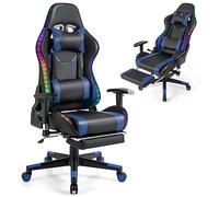 COSTWAY Chaise Gaming RGB/LED, Chaise Gamer Ergonomique avec Soutien Lombaire, Fauteuil Gamer avec Accoudoir Réglable, Appui-tête (Bleu)