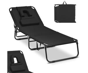 COSTWAY Chaise Longue avec Ouverture pour Le Visage, Pliable, avec 3 Coussins Amovibles et Dossier réglable en 5 Positions, pour Jardin et Piscine, Noire