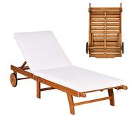 COSTWAY Chaise Longue de Jardin en Bois d'Eucalyptus à roulettes, Bains de Soleil Pliable avec Coussin à Fermeture Éclair, Dossier Réglable en Hauteur sur 6 Positions, Charge Max 160KG (Naturel)
