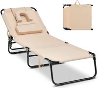 COSTWAY Chaise longue de jardin pliable, Bain de soleil avec ouverture faciale, 3 coussins & dossier réglable Chaise longue de plage jusqu'à 160kg 194x63x37cm Beige