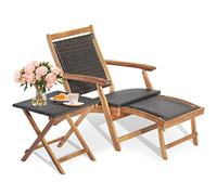 COSTWAY Chaise Longue en Rotin avec Repose-Pied Rétractable, Charge 160KG | Bain de Soleil avec Table d'Appoint Carré Pliable Extérieur pour Jardin Arrière-cour