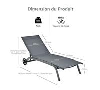 COSTWAY Chaise longue inclinable d'extérieur réglable à 6 positions avec roulettes - Gris