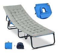 COSTWAY Chaise Longue Pliante avec Matelas de Camping en Velours, Appuie-tête Réglable à 5 Positions, 194x63x37cm, 160kg, Bleu+Gris