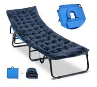 COSTWAY Chaise Longue Pliante avec Matelas de Camping en Velours, Appuie-tête Réglable à 5 Positions, 194x63x37cm, 160kg, Bleu