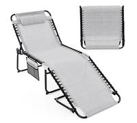 COSTWAY Chaise Longue Pliante, Bain de Soleil, Appuie-tête Amovible, Porte-Revue Latéral, Dossier Réglable à 4 Positions, Cadre en Acier, Transat Jardin Exterieur, Charge 150 KG (188 x 69 cm,Gris)