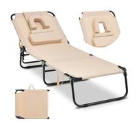 COSTWAY Chaise Longue Pliante, Bain de Soleil Réglable à 5 Positions, Charge 150kg, Trou pour Visage, 3 Coussins Amovible, Tissu Oxford, Sangle, Transat Jardin Exterieur pour Plage Piscine(Beige)