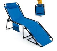 COSTWAY Chaise Longue Pliante Inclinable avec Appuie-tête Amovible, Bain de Soleil avec Dossier Réglable à 4 Positions et Cadre en Acier Antirouille, pour Camping, Terrasse, Charge 150 KG (Bleu)