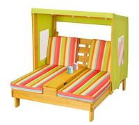 COSTWAY Chaise Longue pour Enfants Double Place en Bois avec Auvent Porte-gobelets Coussins Lavables Meubles de Terrasse pour Enfants 3-8 Ans Extérieur Supporté 50 kg