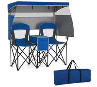 COSTWAY Chaise Pliante Camping 2 Places, Baldaquin Réglable, Rideaux 3 Côtés, Chaise de Plage, Sac Isotherme, Poches, Porte-gobelets, Sac de Transport, pour Jardin Pêche, Charge 150 kg (Bleu Forcé)