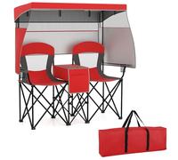COSTWAY Chaise Pliante Camping 2 Places, Baldaquin Réglable, Rideaux 3 Côtés, Chaise de Plage, Sac Isotherme, Poches, Porte-gobelets, Sac de Transport, pour Jardin Pêche, Chauqe Charge 150 kg (Rouge)