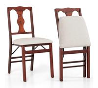 COSTWAY Chaise Pliante Salle a Manger Lot de 2, Chaise de Cuisine Bois, Dossier Design Vintage, Assises Rembourrées, Cadre en Bois de Caoutchouc, Patins Antidérapants, Gain de Place (Marron)