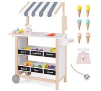 COSTWAY Chariot à Crème Glacée en Bois Enfants avec 8 Accessoires, Jouet Chariot à Glaces avec Auvent, 2 Étagères & Tableau Noir, Stand de Marché pour Enfants de 3 Ans+, 80 x 30 x 100 cm, Blanc