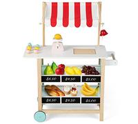 COSTWAY Chariot à Crème Glacée en Bois Enfants avec 8 Accessoires, Jouet Chariot à Glaces avec Auvent, 2 Étagères & Tableau Noir, Stand de Marché pour Enfants de 3 Ans+, 80 x 30 x 100 cm (Vert)