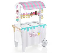 COSTWAY Chariot à Crème Glacée en Bois Enfants avec Auvent Unique, Jouet Chariot à Glaces avec 12 Accessoires, Motif Mignon, Jouet d’Imitation pour Enfants de 3 Ans+, 65x31x87CM