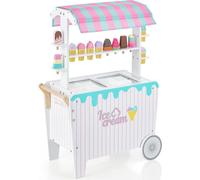 COSTWAY Chariot à glace pour enfants avec 12 glaces, épicerie en bois avec 2 roues, poignée de poussée & baldaquin, chariot deavec espace de rangement & tablette pour enfants à partir de 3 ans