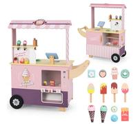 COSTWAY Chariot à Glaces Enfant en Bois avec 15 Accessoires & Distributeur Automatique, Magasin de Crème Glacée avec Auvent & Poignée & Caisse, Jeu de Rôle pour Garçons Filles de 3 Ans+ (Rose)