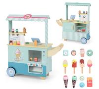 COSTWAY Chariot à Glaces Enfant en Bois avec 15 Accessoires & Distributeur Automatique, Magasin de Crème Glacée avec Auvent & Poignée & Caisse, Jeu de Rôle pour Garçons Filles de 3 Ans+ (Vert)