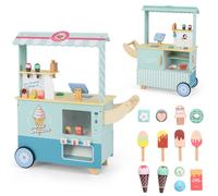 COSTWAY Chariot à Glaces Enfant Marchande Desserts 15 Accessoires, Caisse avec Écran et Scanner, Distributeur Automatique, Cyan