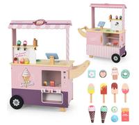 COSTWAY Chariot à Glaces Enfant Marchande Desserts 15 Accessoires, Caisse avec Écran et Scanner, Distributeur Automatique, Rose