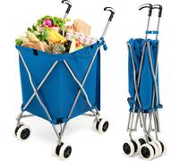 COSTWAY Chariot à provisions pliable 90 L jusqu'à 55 kg, Chariot à main avec sac Oxford amovible & poignée, Chariot à provisions Trolley sac pour le shopping & le camping, bleu