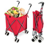 COSTWAY Chariot à provisions pliable 90L/55kg, Chariot à main avec roues, poignée & sac Oxford amovible, Chariot de courses, Sac Trolley Rouge