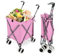 COSTWAY Chariot à provisions pliable 90L/55kg, Chariot à main avec roues, poignée & sac Oxford amovible, Chariot à provisions, Sac Trolley Rose