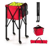 COSTWAY Chariot de Balle de Tennis Pliable avec Sac de Transport, Panier à Balles de Tennis en Aluminium Contient 150 Balles de Tennis avec 2 Roues de Frein Poches Latérales (Rouge)