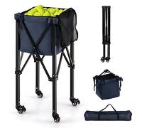 COSTWAY Chariot de Balle de Tennis Pliable avec Sac de Transport, Panier à Balles de Tennis en Aluminium Contient 150 Balles de Tennis avec 2 Roues de Frein Poches Latérales (Bleu)