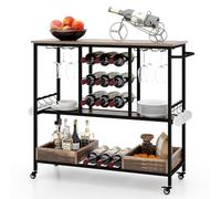 COSTWAY Chariot de Bar 3 Niveaux, Desserte à roulettes, Chariot à Boissons Industriel avec Porte-Bouteilles et Porte-Verres, Crochets & Boîtes de Rangement, 40 x 108 x 91 cm (Vintage Brun)