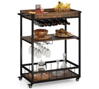 COSTWAY Chariot de Bar, Chariot de Service de Cuisine avec Plateau Amovible, Casier à Vin et Porte-Verres, à 3 Niveaux sur roulettes, Desserte de Style Industriel, Marron Rustique